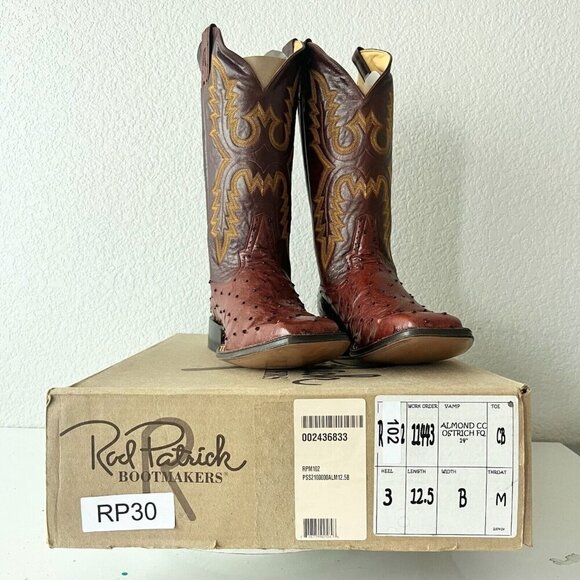 Rod Patrick Mens Cowboy Boots 12.5B Brown Full Quill Ostrich Western Square Toe - Picture 11 of 12